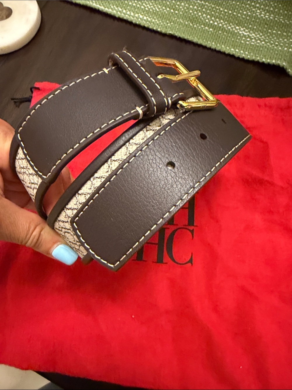 Carolina Herrera Dark Brown Leather Belt with Monogram Canvas and Gold Buckle